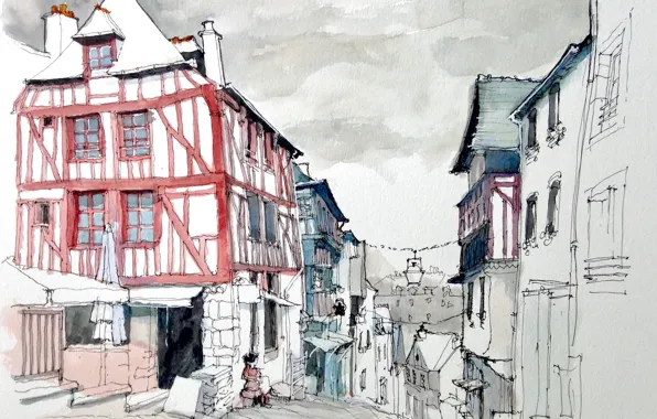 Картинка город, улица, рисунок, Франция, дома, акварель, Динан