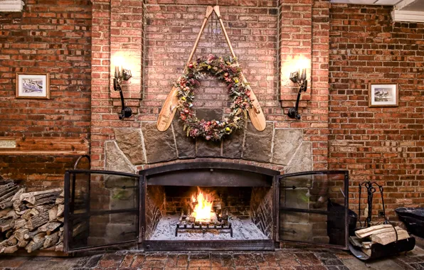 Дизайн, стена, огонь, кирпич, камин, Fire, светильники, Interior