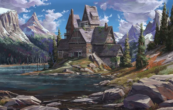 Природа, Горы, Озеро, Дом, House, Пейзаж, Canada, Mountains