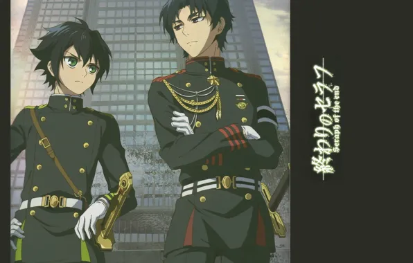 Взгляд, небоскреб, перчатки, ремень, рукоятка, военная форма, Owari no Seraph, Yuuichirou Hyakuya