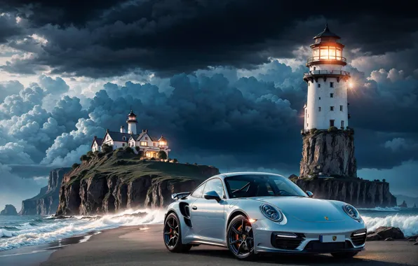 Картинка море, скалы, маяк, спорткар, Porsche 911 Turbo, нейросеть