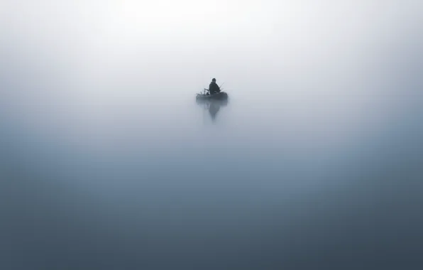 Туман, лодка, рыбак