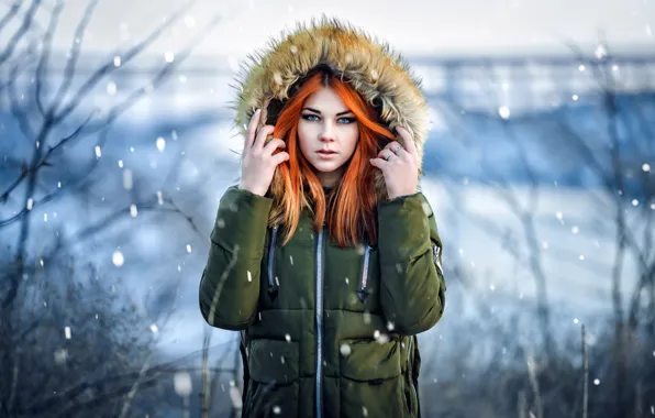 Снег, капюшон, рыжеволосая, Masha Fox