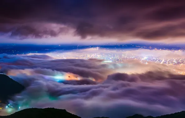 Картинка облака, ночь, огни, туман, Тайбэй