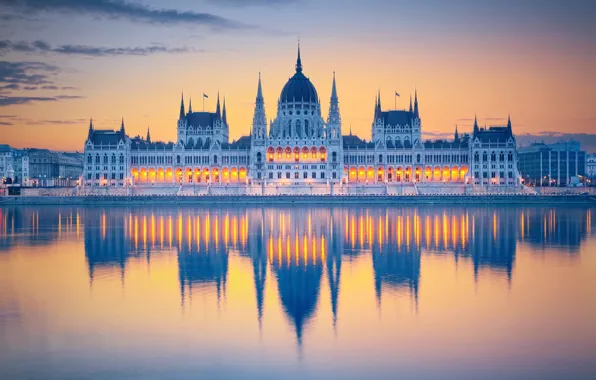 Картинка город, отражение, утро, парламент, Венгрия, Будапешт