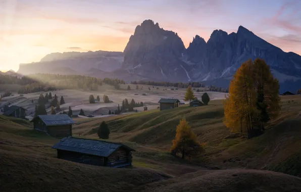 Картинка осень, лес, горы, Альпы, домик