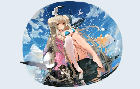 Girl, sexy, ass, cleavage, long hair, boobs, anime, water