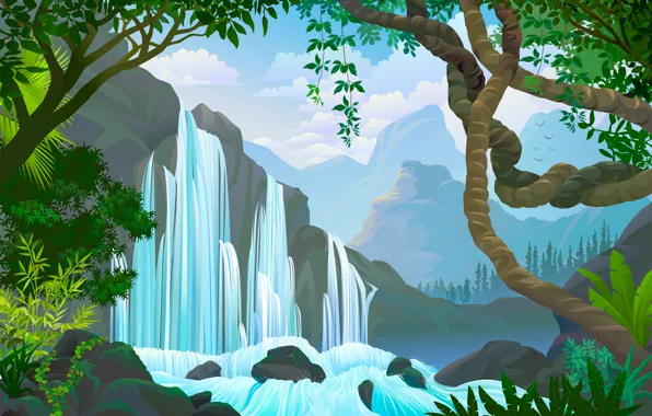 Картинка вода, деревья, водопад