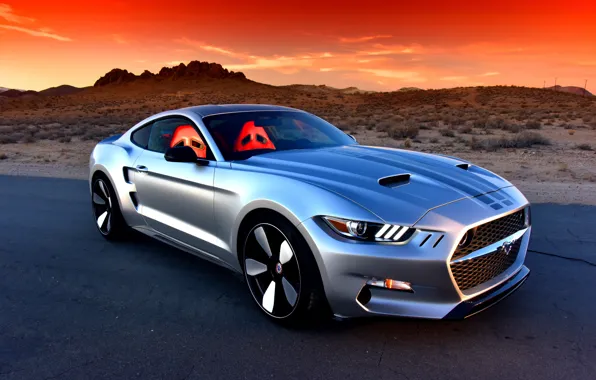 Дорога, закат, пустыня, Mustang, Ford, концепт, Auto, Sports