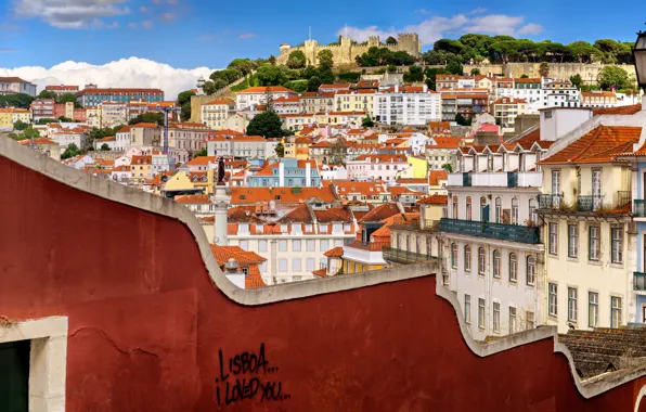 Стена, здания, дома, панорама, Португалия, Лиссабон, Portugal, Lisbon