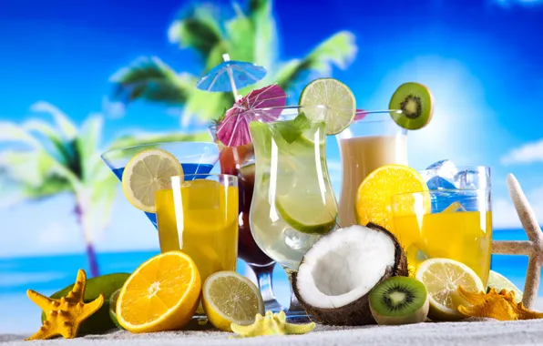 Картинка море, пляж, пальма, коктейль, ракушки, напиток, фрукты