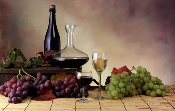 Листья, вино, бокалы, виноград, бутылки