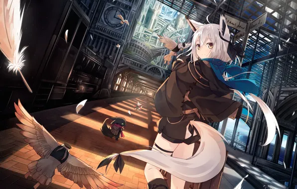 Картинка девушка, птица, поезд, хвост, ушки, anime, art