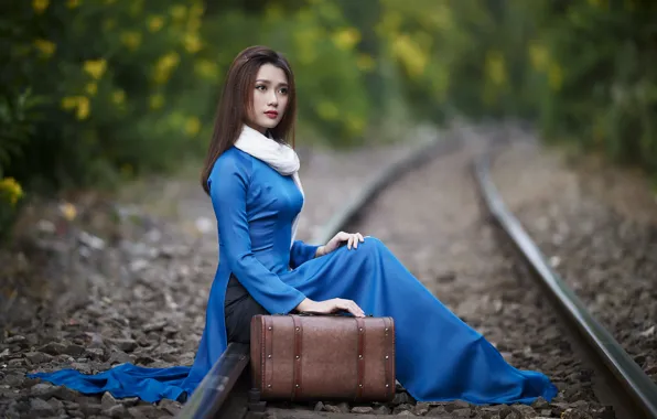 Картинка девушка, природа, чемодан, азиатка