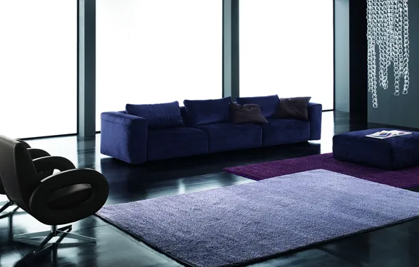 Фиолетовый, синий, диван, ковер, интерьер, кресло, люстра
