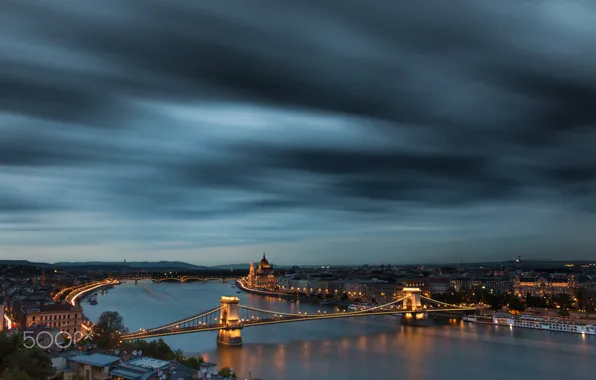 Картинка мост, огни, вечер, Будапешт