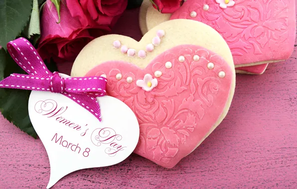 Картинка праздник, розы, печенье, сердечко, бантик, 8 марта
