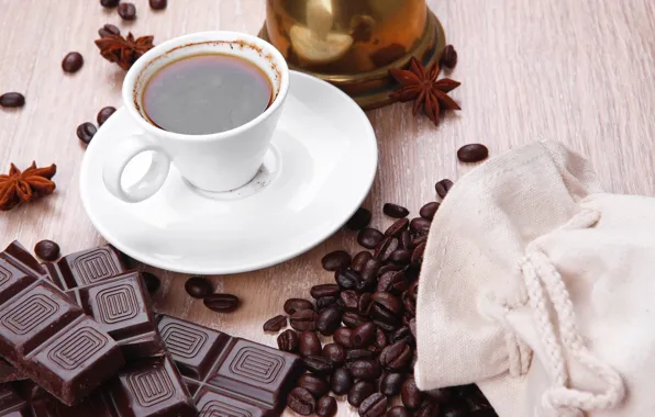 Картинка шоколад, утро, кофейные зерна, morning, chocolate, чашка кофе, a Cup of coffee, coffee beans