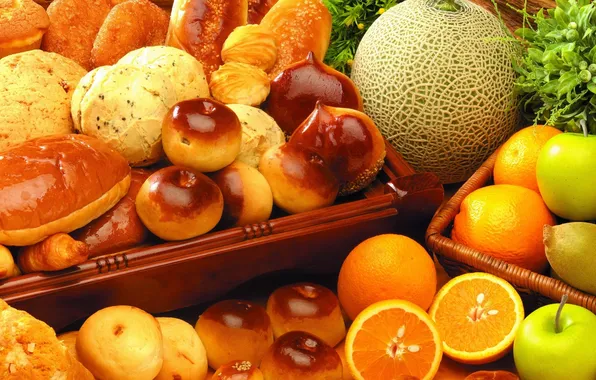 Апельсины, фрукты, выпечка, дыня