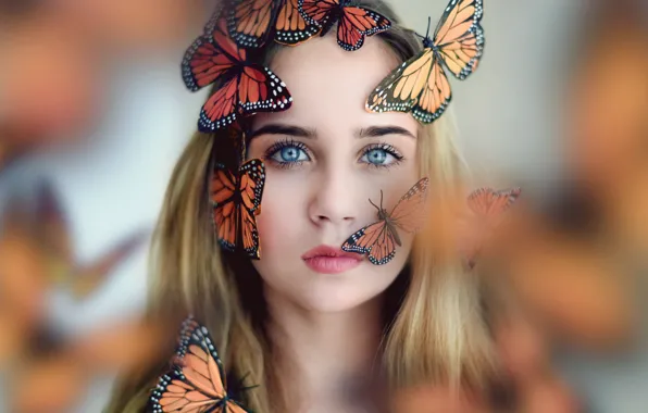 Взгляд, девушка, бабочки, настроение, ситуация, голубые глаза, боке