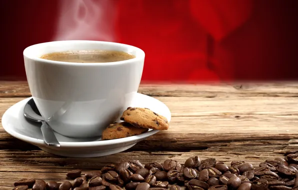 Кофе, горячий, зерна, печенье, good morning