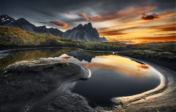 Картинка вода, пейзаж, горы, природа, отражение, рассвет, утро, Исландия