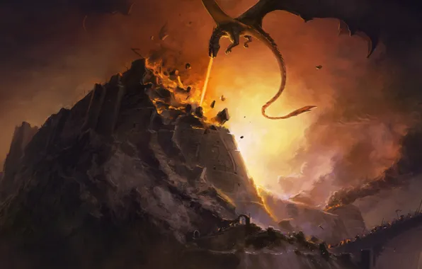Картинка огонь, дракон, разрушение, fire, битва, крепость, John Ronald Reuel Tolkien, dragon