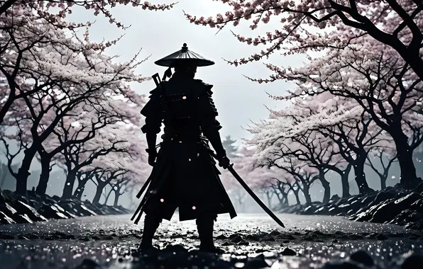 Картинка sword, trees, flowers, cherry blossom, samurai, branch, standing, looking away