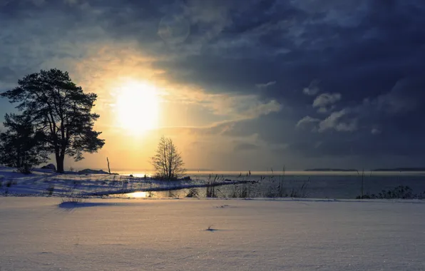 Картинка зима, пейзаж, закат, озеро