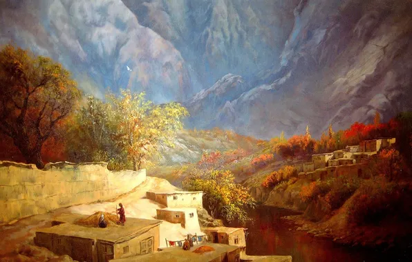 Картинка осень, деревья, пейзаж, горы, река, люди, дома, картина