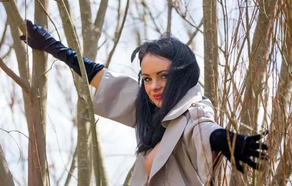 Грудь, природа, улыбка, модель, брюнетка, пальто, katie