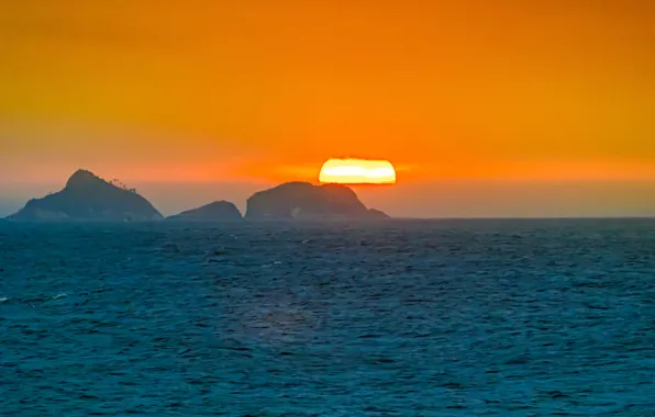 Картинка море, закат, остров, Бразилия, Рио-де-Жанейро, оранжевое небо, Ипанема