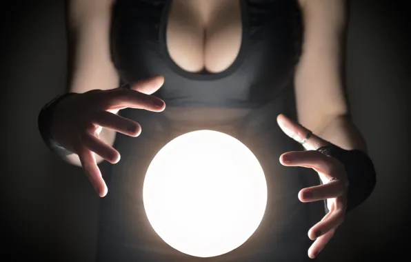 Light, sexy, cleavage, hands, crystal ball