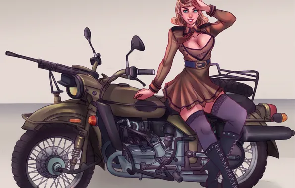 Картинка грудь, девушка, блондинка, красавица, мотоцикл, пулемет, униформа