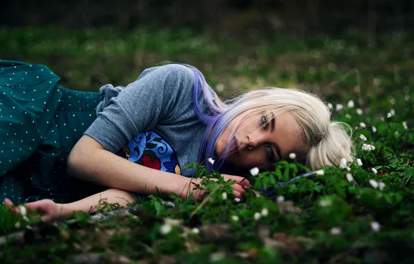 Трава, мечты, цветы, блондинка, grass, flowers, blonde, dreams