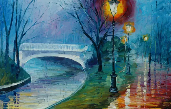 Картинка дорога, вода, свет, река, дождь, фонари, погода, мостик