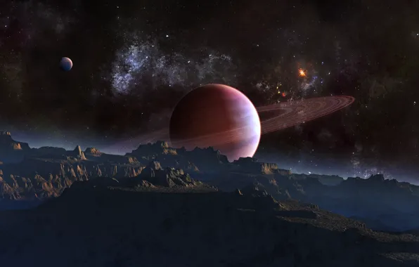 Картинка небо, горы, планета, спутник, кольцо