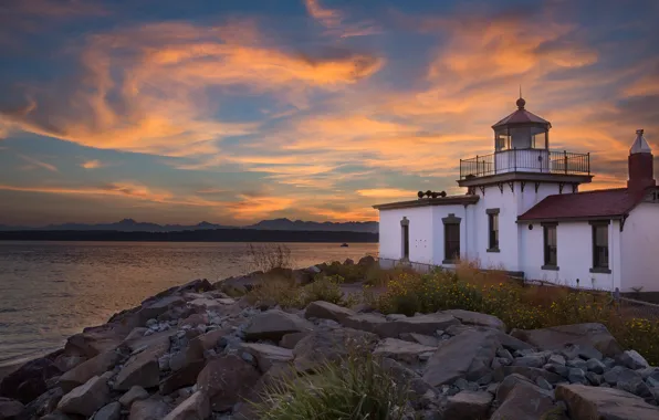 Картинка пейзаж, закат, камни, маяк, Сиэтл, США, гавань, Discovery Park