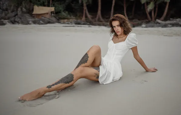 Beach, dress, legs, model, sand, tattoo, women, brunette