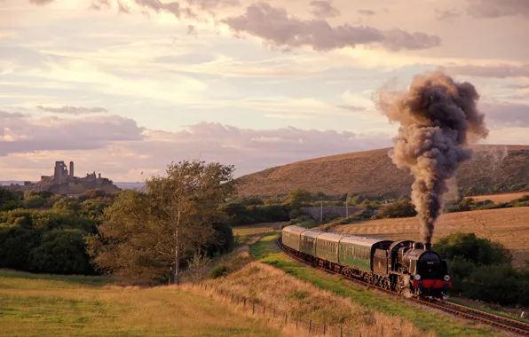 Картинка путь, дым, поля, поезд, паровоз, вагоны, железная дорога, Великобритания