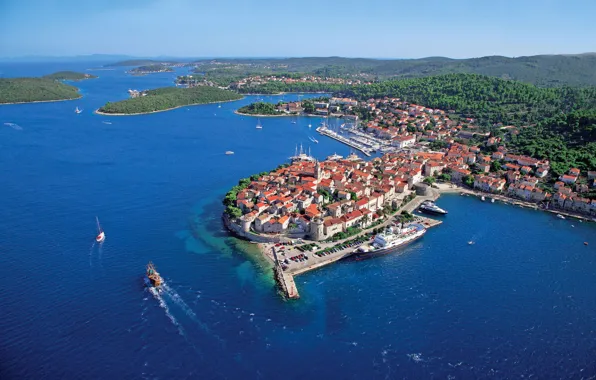 Море, острова, город, сверху, Хорватия, Адриатика, Croatia, Корчула