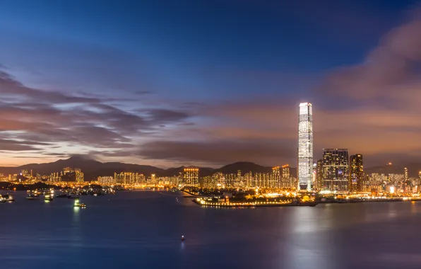 Картинка небо, облака, закат, огни, China, Гонконг, небоскребы, вечер