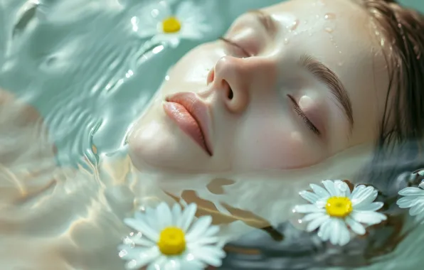 Вода, девушка, цветы, лицо, купание, ИИ-арт, нейросеть