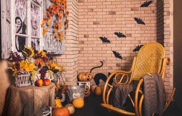Картинка осень, листья, стена, корзина, кирпич, кресло, окно, виноград
