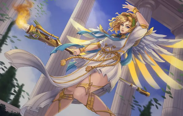 Крылья, ангел, арт, блондинка, blizzard, богиня, overwatch, mercy