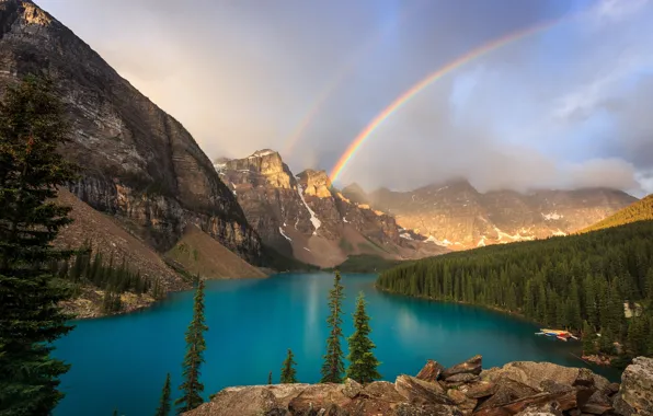 Лес, горы, озеро, радуга, Канада, Banff National Park, Alberta, Canada
