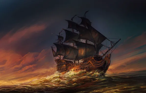 Картинка Океан, Море, Волны, Корабль, Паруса, Sunset, Ocean, Illustration