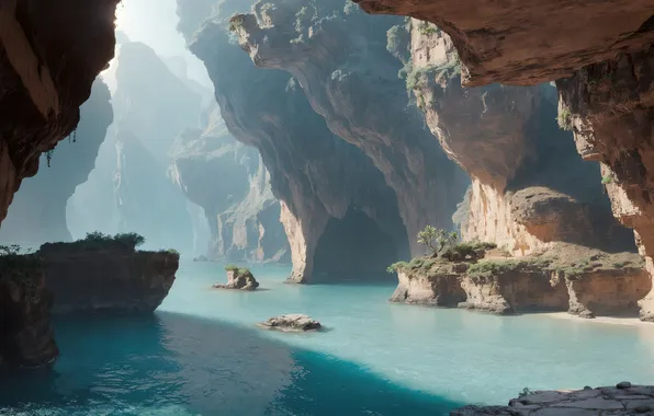 Landscape, nature, water, art, painting, canyon, digital art, fantasy art