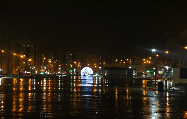 Картинка небо, снег, ночь, здания, дома, весна, фонари, Россия