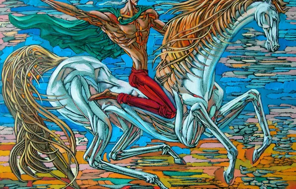 Картинка качок, Всадник, 2008г, Айбек Бегалин, на скоку, голубая лошадь, джигит